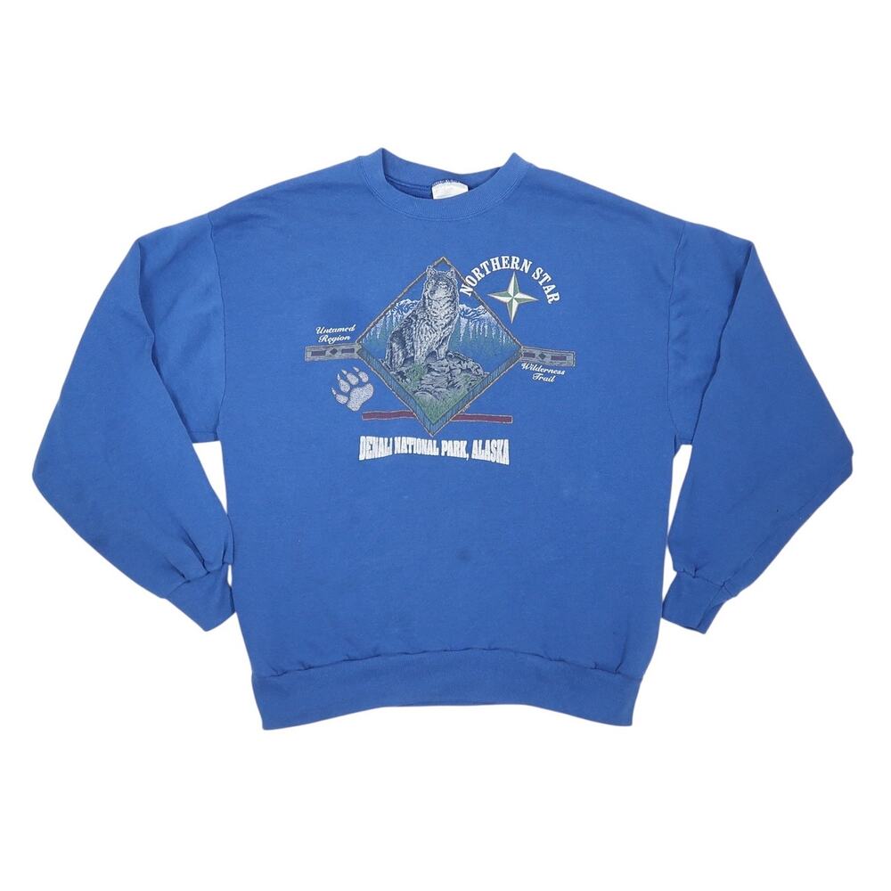Vintage 90s Blue Wolf Graphic Sweatshirt Denali National Park Alaska